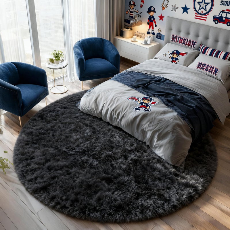 PAGISOFE Black Round Rugs 5Ft, Circle Rugs for Kids Bedroom, Shaggy Living Room Rugs, Indoor Teepee Furry Mat, Comfy Reading Rug, Fluffy Round Carpets for Womens Girls Boys Room Decor Aesthetic - Image 1